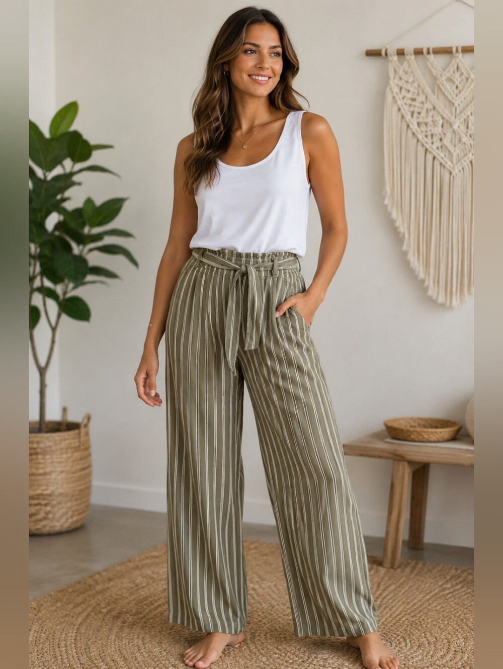 SoundStyle Olive Green Striped Linen Blend Paperbag Waist Wide Leg Pants XL